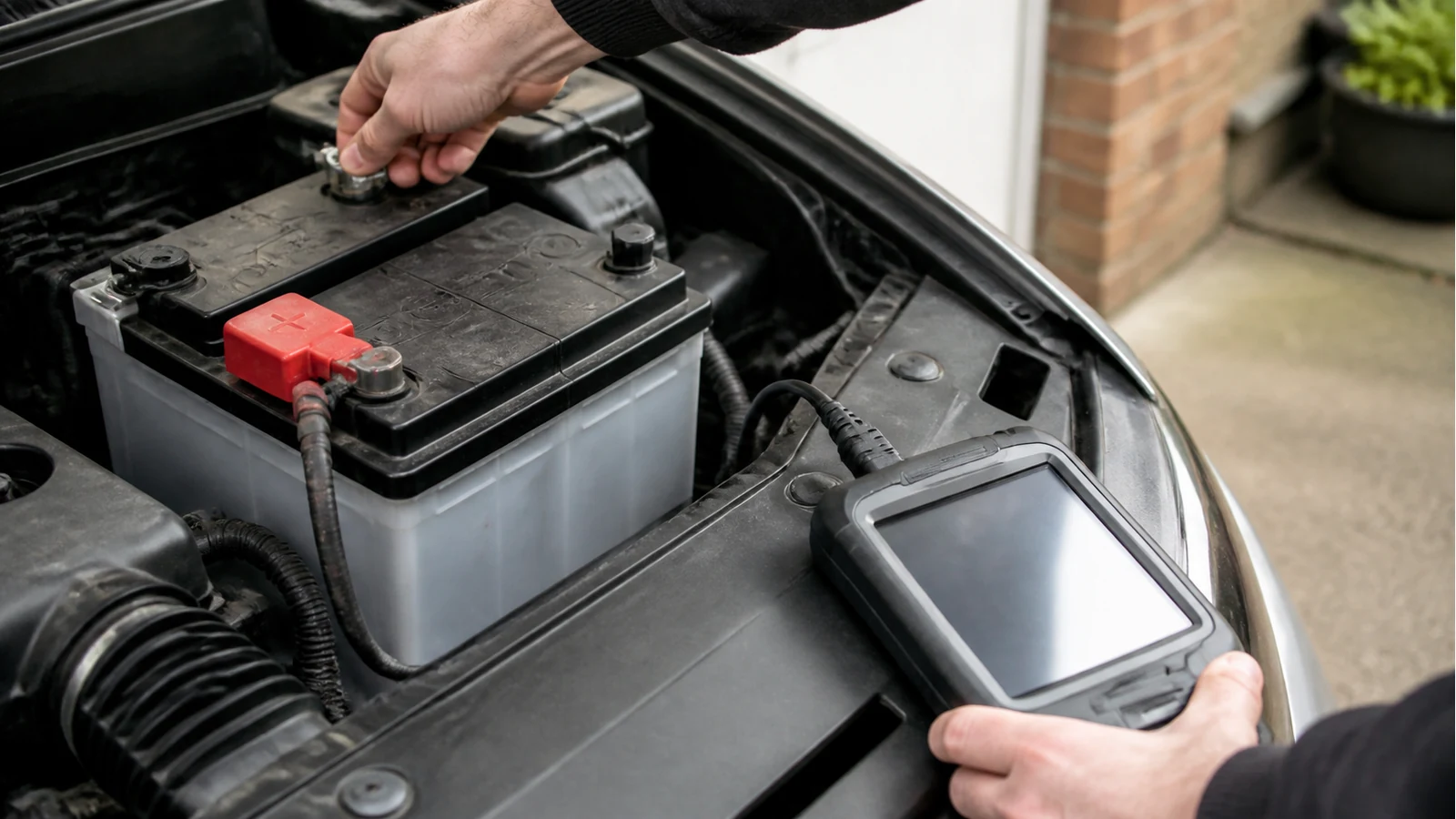 Technician preparing battery registration with a diagnostic tool after fitting a new car battery