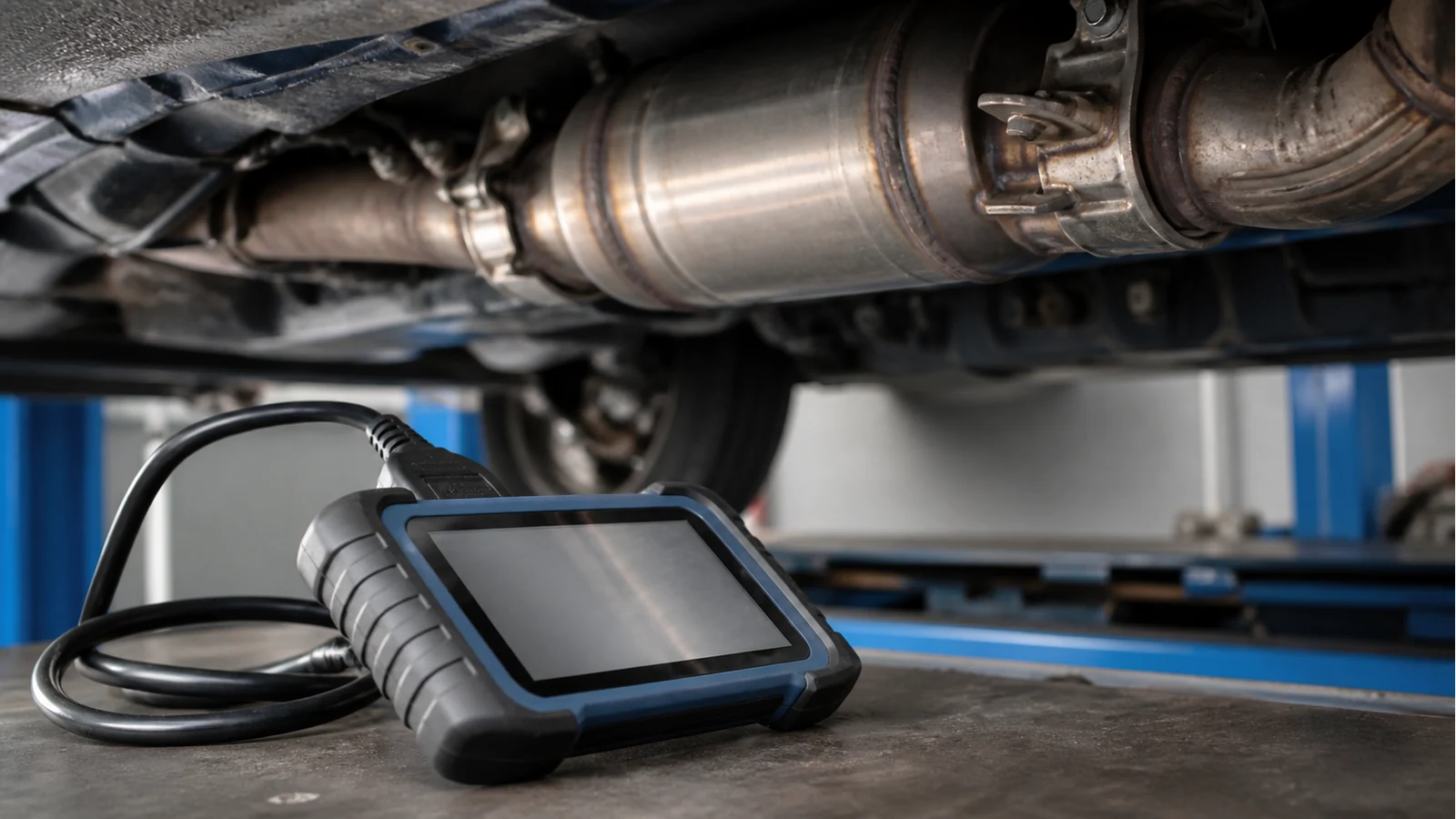 Diesel particulate filter housing and diagnostic tool illustrating UK MOT compliance checks