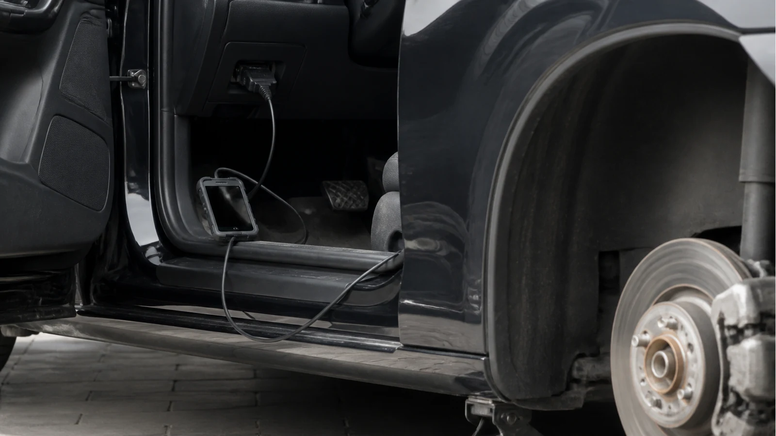 Diagnostic tool connected under a UK car dash during electronic parking brake service preparation
