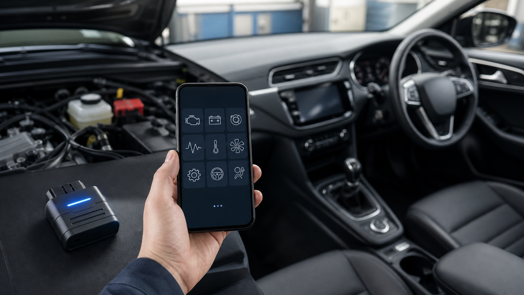 Car diagnostic scanner and phone beside a UK vehicle dashboard