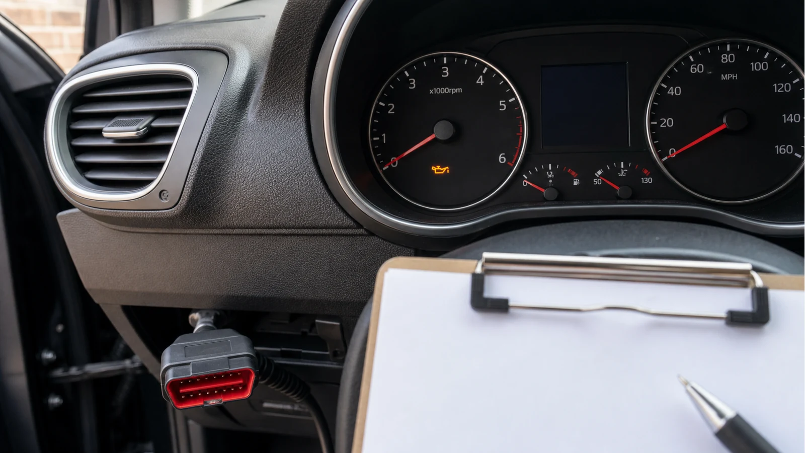 Car service interval warning light next to an OBD diagnostic connector
