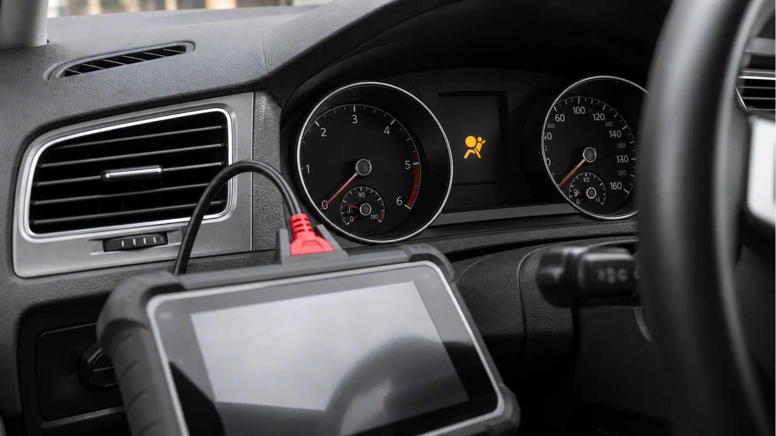 Car dashboard showing an airbag warning light while a technician prepares a diagnostic scan