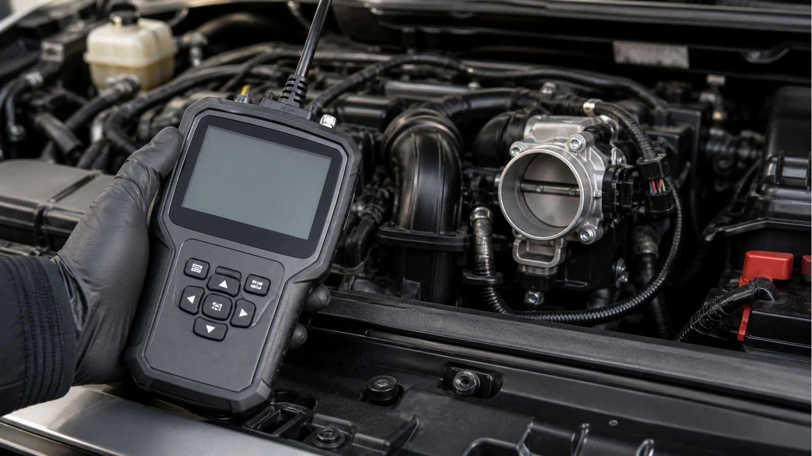 Scan tool connected for electronic throttle body relearn after intake service
